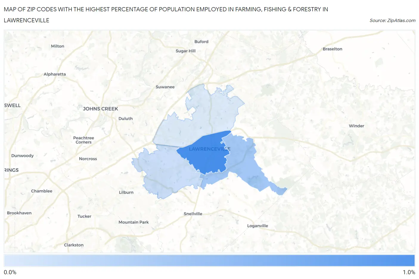 Zip Codes with the Highest Percentage of Population Employed in Farming, Fishing & Forestry in Lawrenceville Map