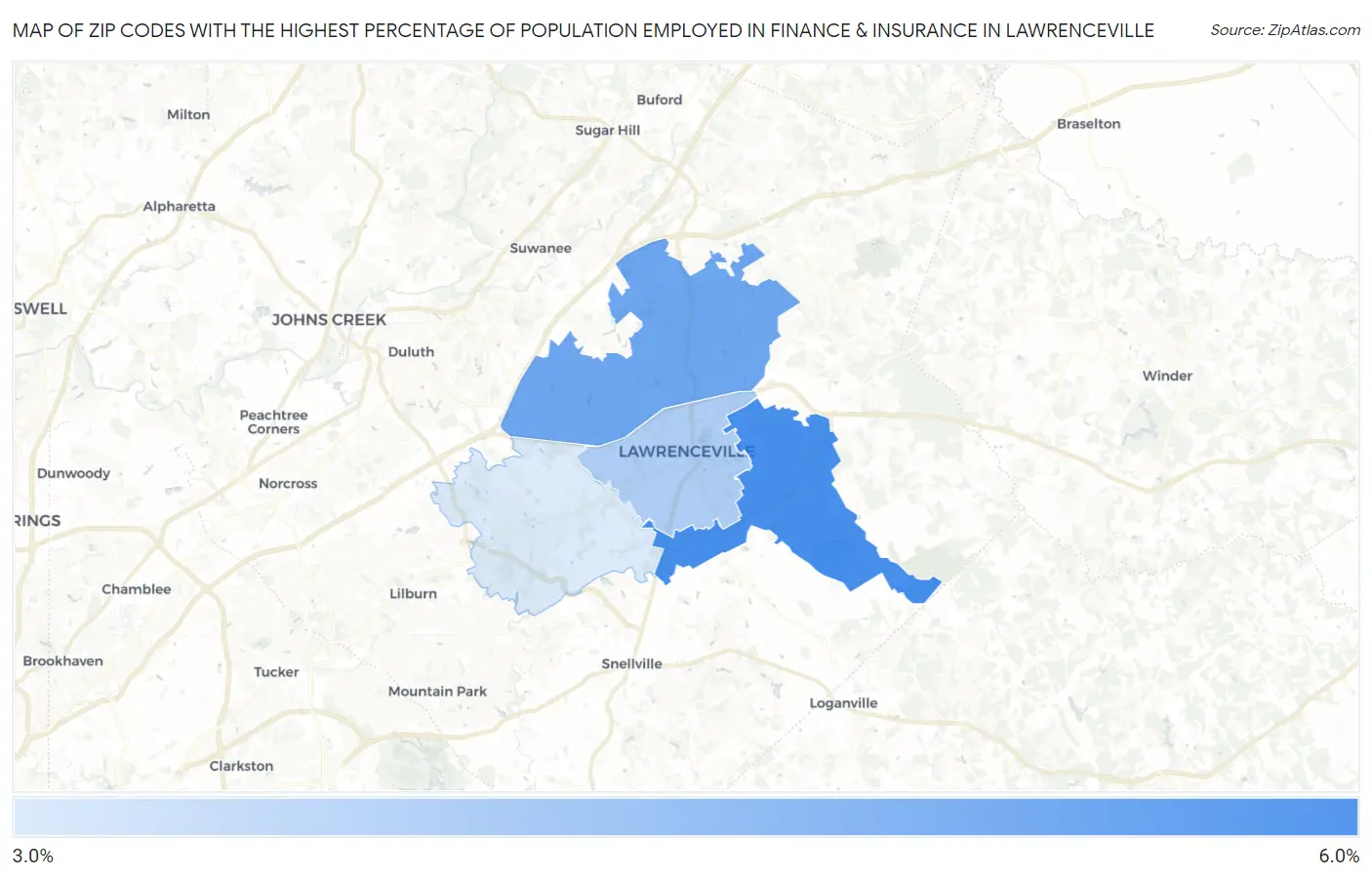 Zip Codes with the Highest Percentage of Population Employed in Finance & Insurance in Lawrenceville Map