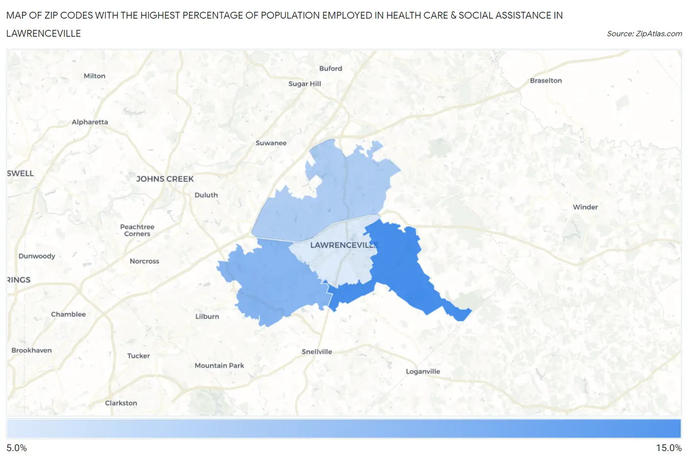 Zip Codes with the Highest Percentage of Population Employed in Health Care & Social Assistance in Lawrenceville Map