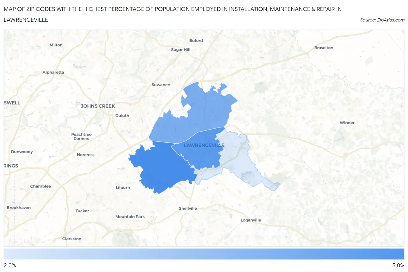 Zip Codes with the Highest Percentage of Population Employed in Installation, Maintenance & Repair in Lawrenceville Map