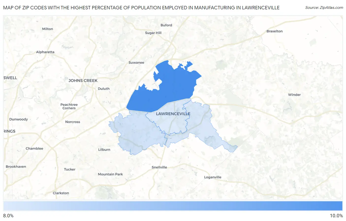 Zip Codes with the Highest Percentage of Population Employed in Manufacturing in Lawrenceville Map