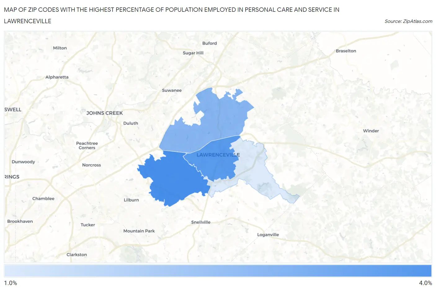 Zip Codes with the Highest Percentage of Population Employed in Personal Care and Service in Lawrenceville Map