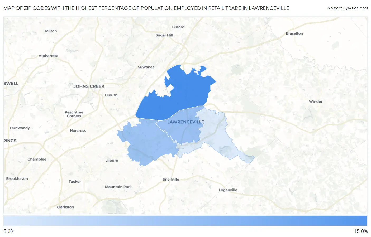 Zip Codes with the Highest Percentage of Population Employed in Retail Trade in Lawrenceville Map