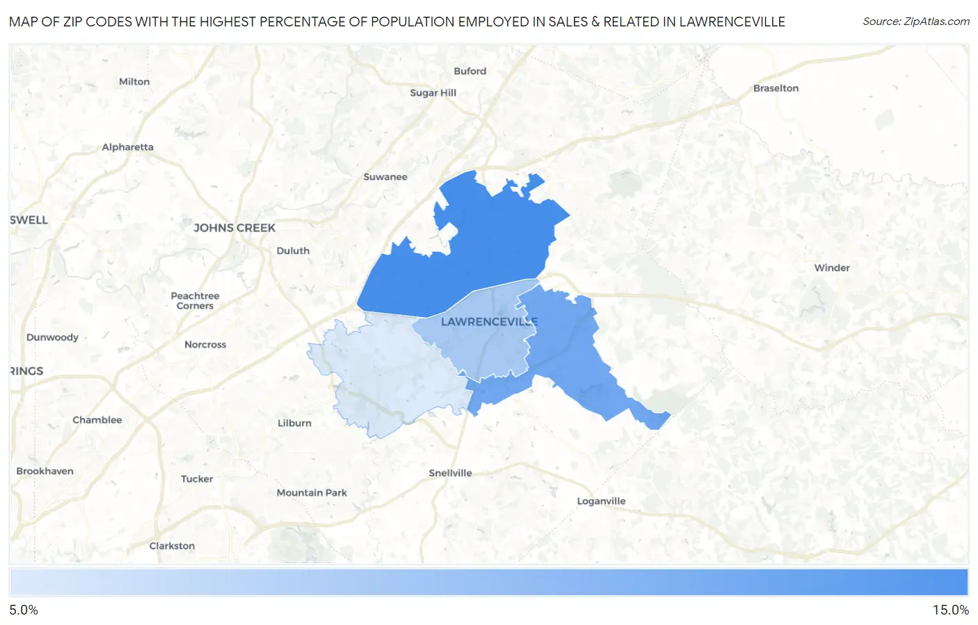 Zip Codes with the Highest Percentage of Population Employed in Sales & Related in Lawrenceville Map