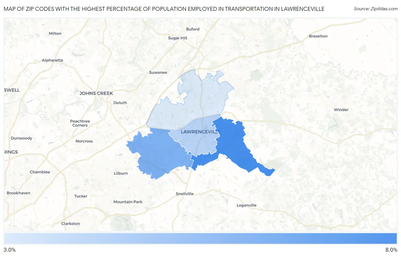 Zip Codes with the Highest Percentage of Population Employed in Transportation in Lawrenceville Map