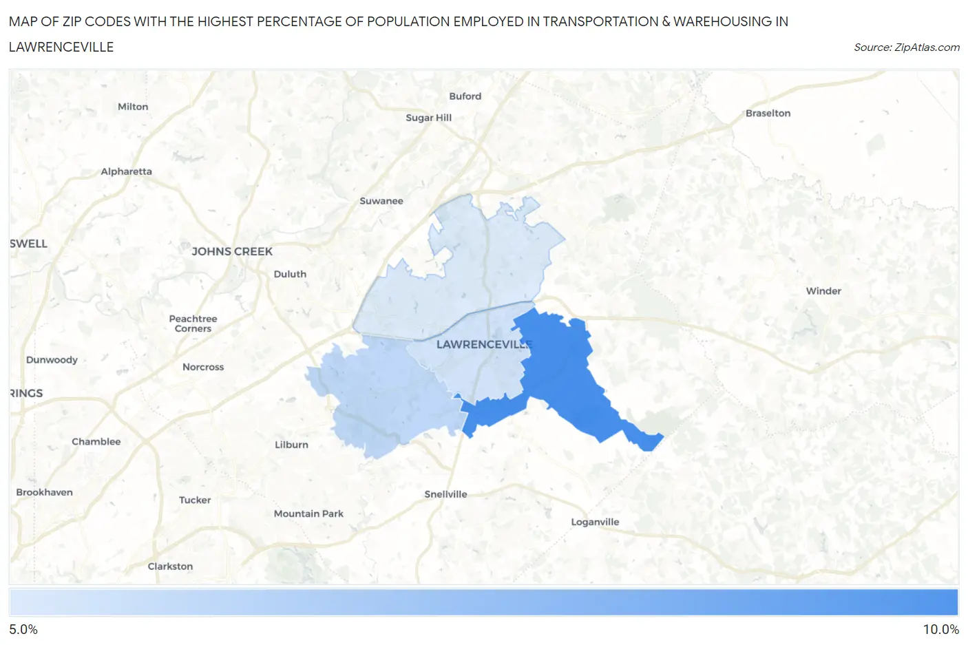 Zip Codes with the Highest Percentage of Population Employed in Transportation & Warehousing in Lawrenceville Map