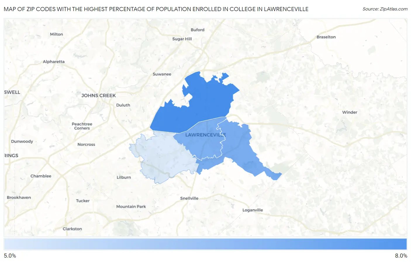 Zip Codes with the Highest Percentage of Population Enrolled in College in Lawrenceville Map