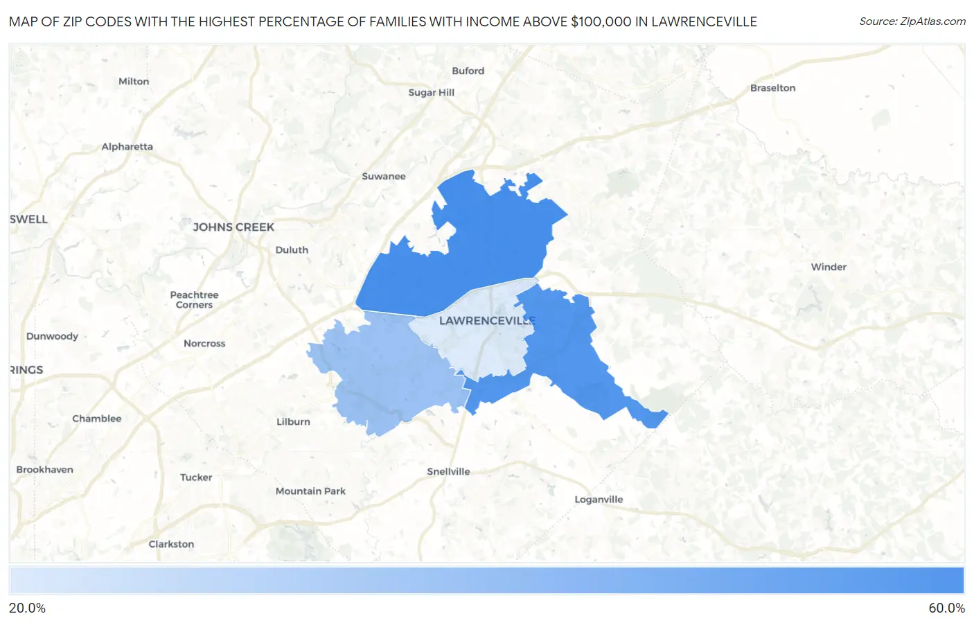 Zip Codes with the Highest Percentage of Families with Income Above $100,000 in Lawrenceville Map