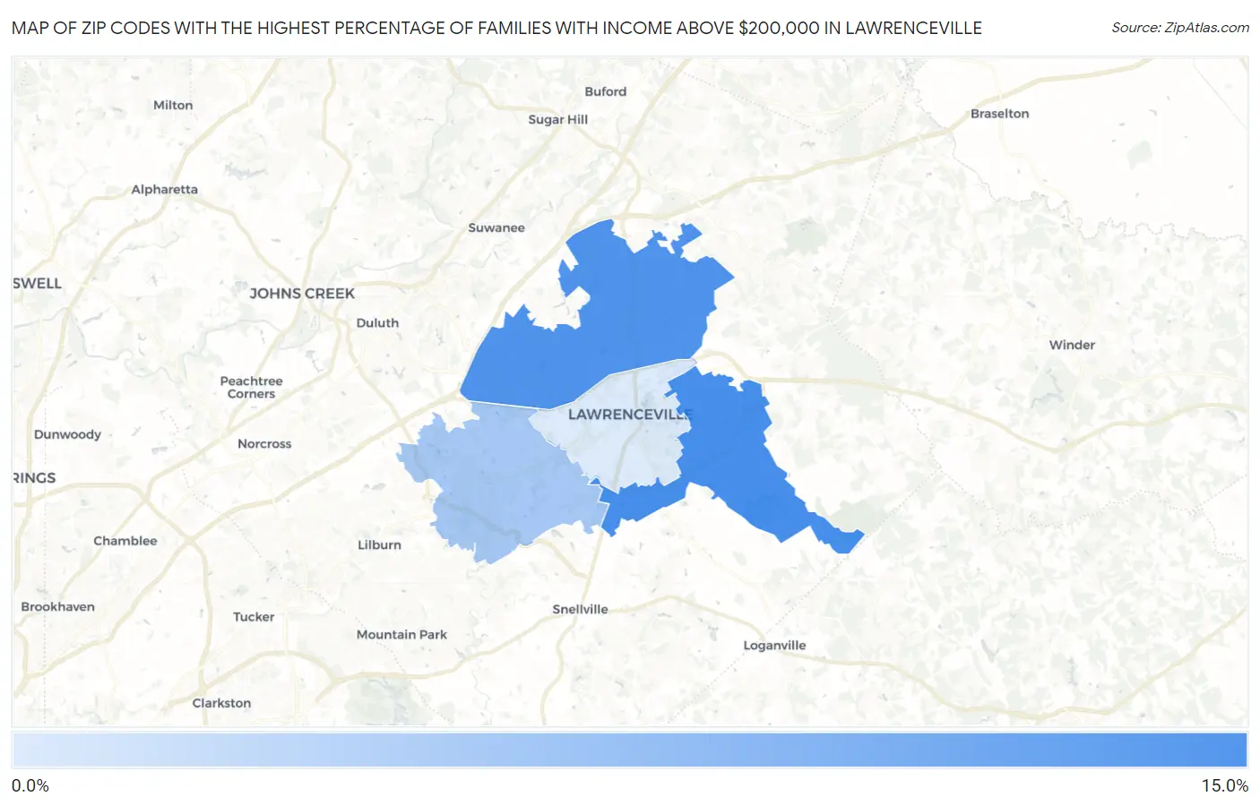 Zip Codes with the Highest Percentage of Families with Income Above $200,000 in Lawrenceville Map