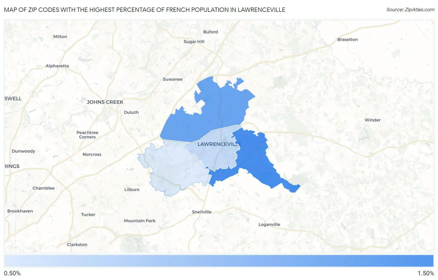 Zip Codes with the Highest Percentage of French Population in Lawrenceville Map