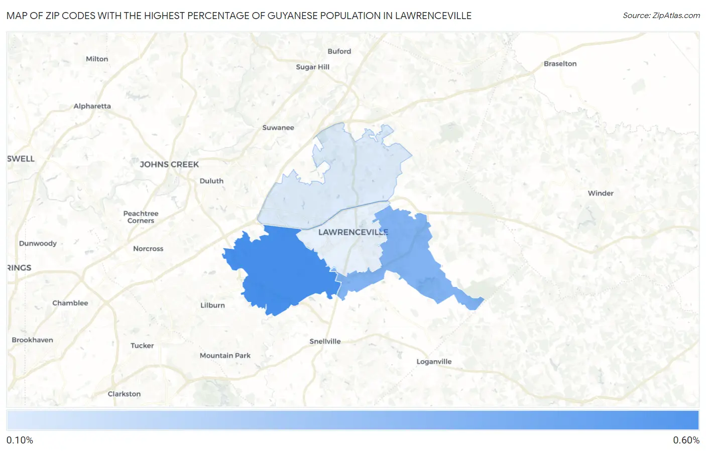 Zip Codes with the Highest Percentage of Guyanese Population in Lawrenceville Map