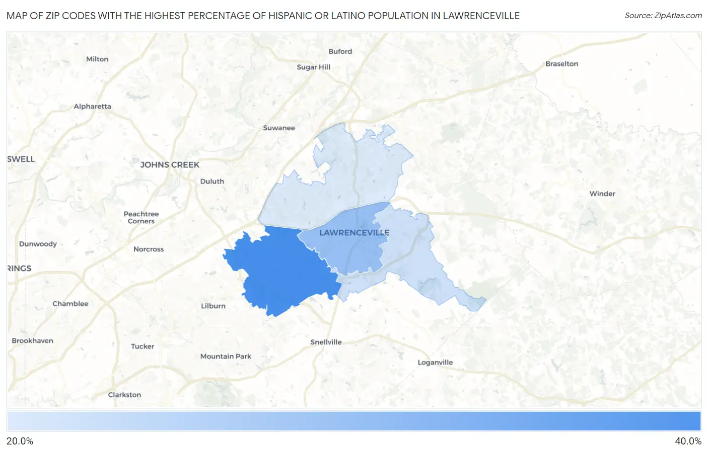 Zip Codes with the Highest Percentage of Hispanic or Latino Population in Lawrenceville Map