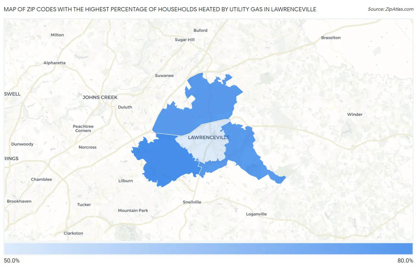 Zip Codes with the Highest Percentage of Households Heated by Utility Gas in Lawrenceville Map