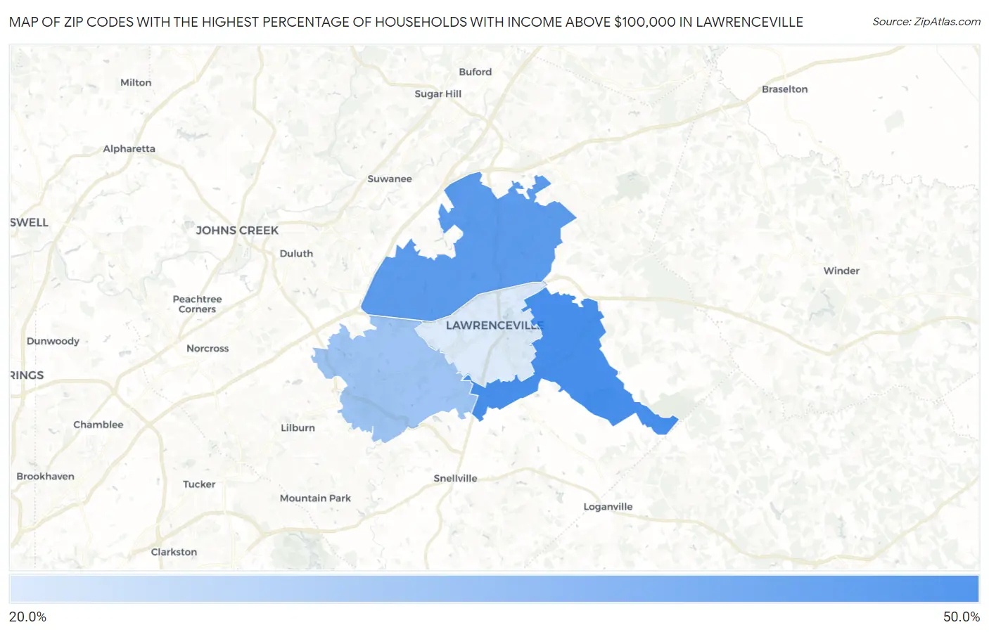 Zip Codes with the Highest Percentage of Households with Income Above $100,000 in Lawrenceville Map
