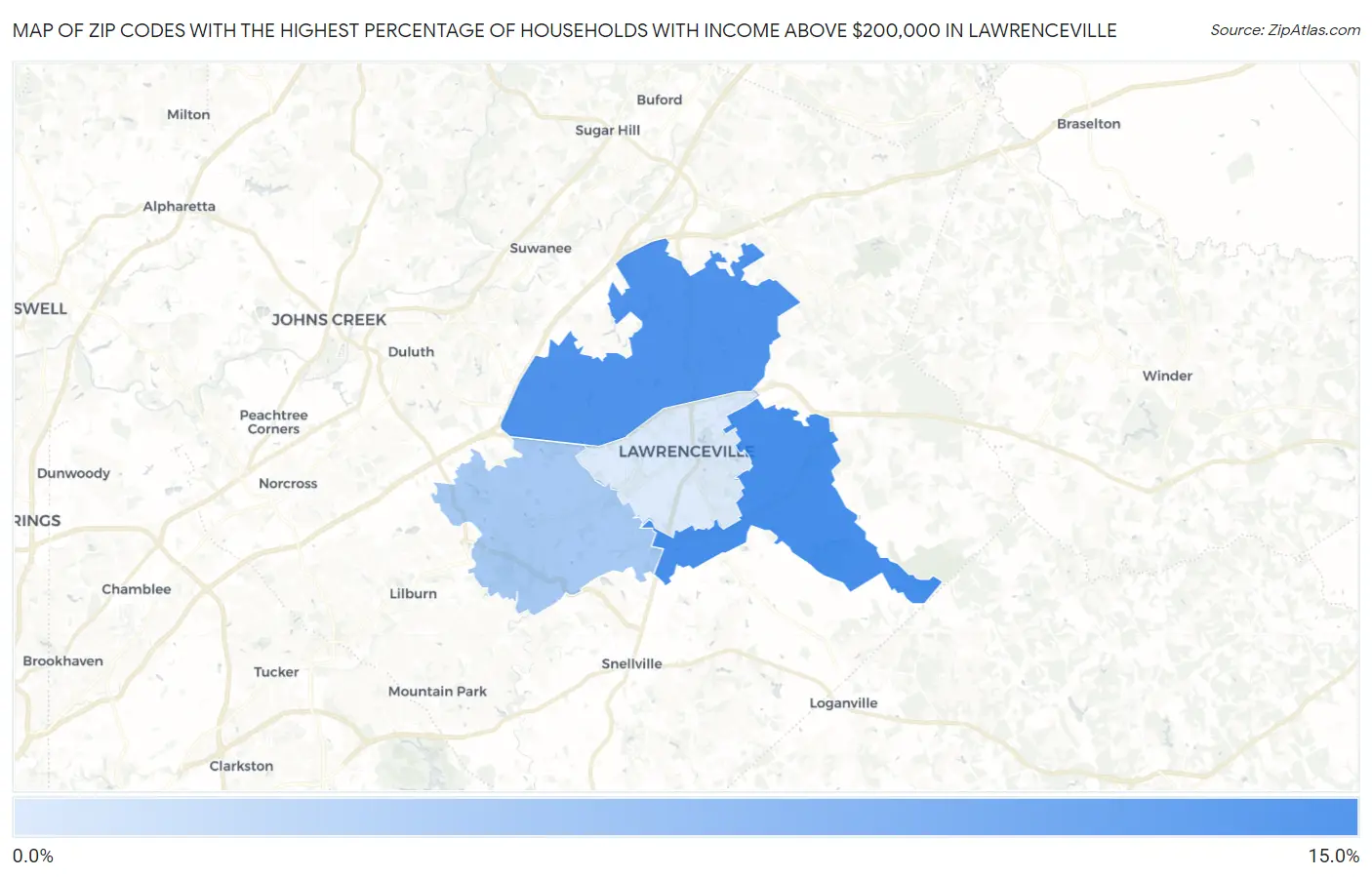 Zip Codes with the Highest Percentage of Households with Income Above $200,000 in Lawrenceville Map