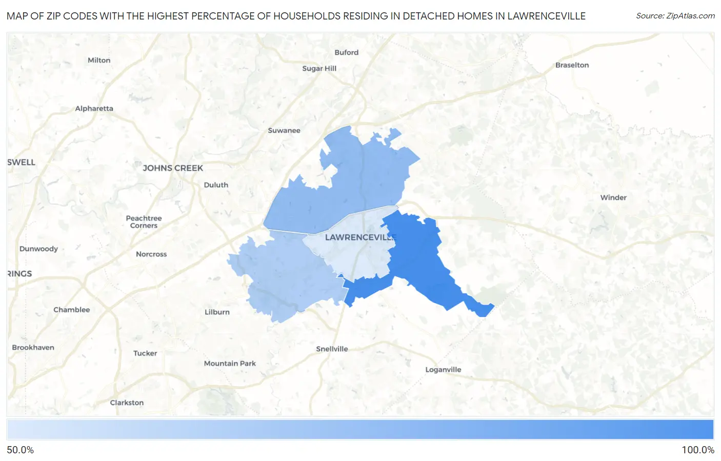 Zip Codes with the Highest Percentage of Households Residing in Detached Homes in Lawrenceville Map