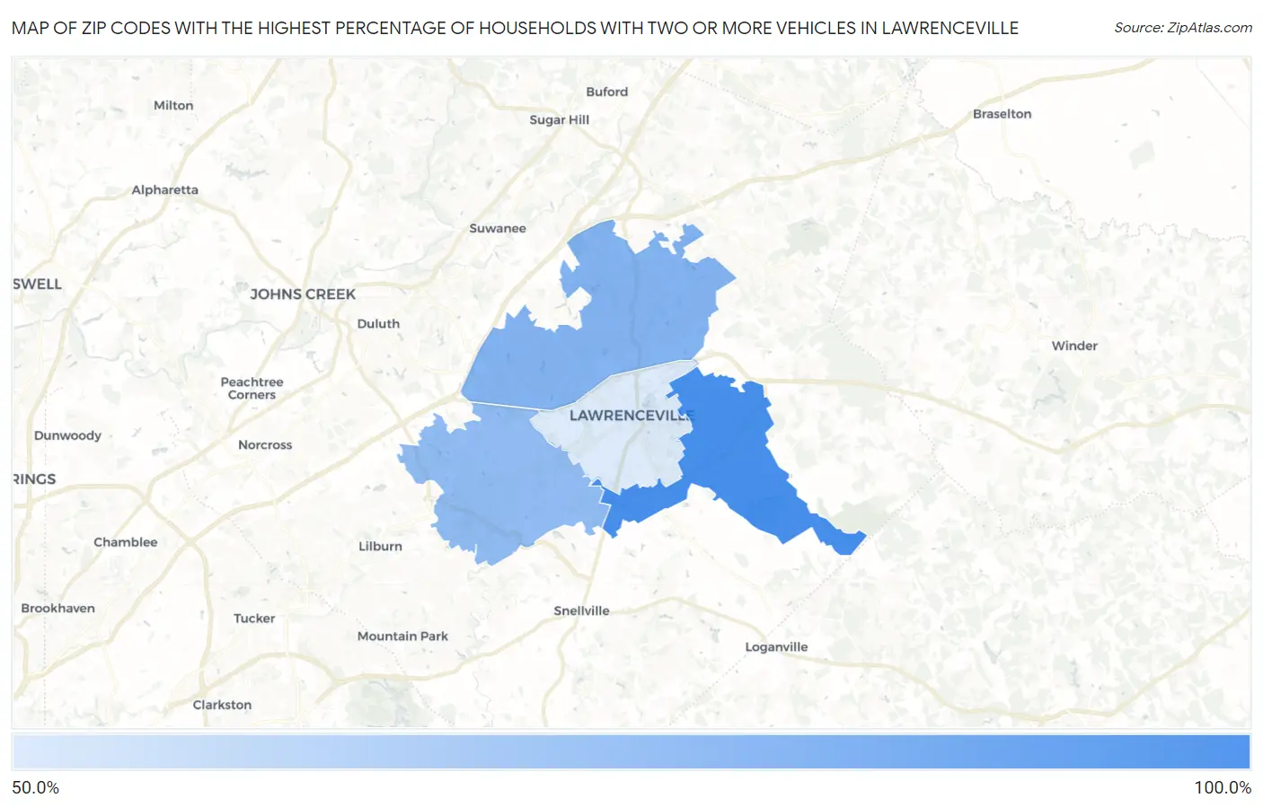 Zip Codes with the Highest Percentage of Households With Two or more Vehicles in Lawrenceville Map