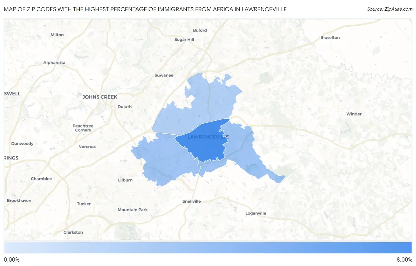 Zip Codes with the Highest Percentage of Immigrants from Africa in Lawrenceville Map