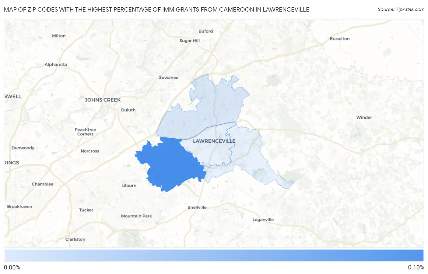 Zip Codes with the Highest Percentage of Immigrants from Cameroon in Lawrenceville Map