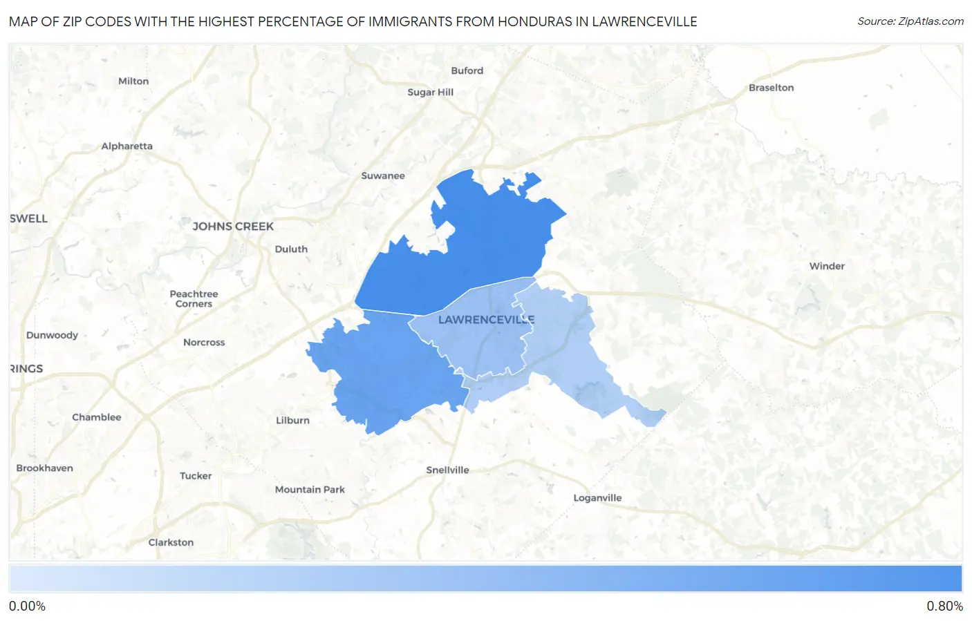 Zip Codes with the Highest Percentage of Immigrants from Honduras in Lawrenceville Map