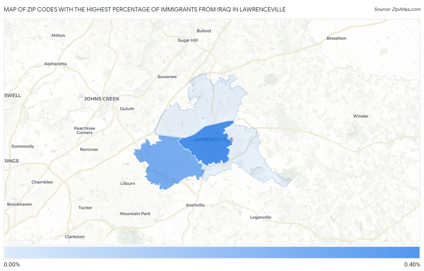 Zip Codes with the Highest Percentage of Immigrants from Iraq in Lawrenceville Map