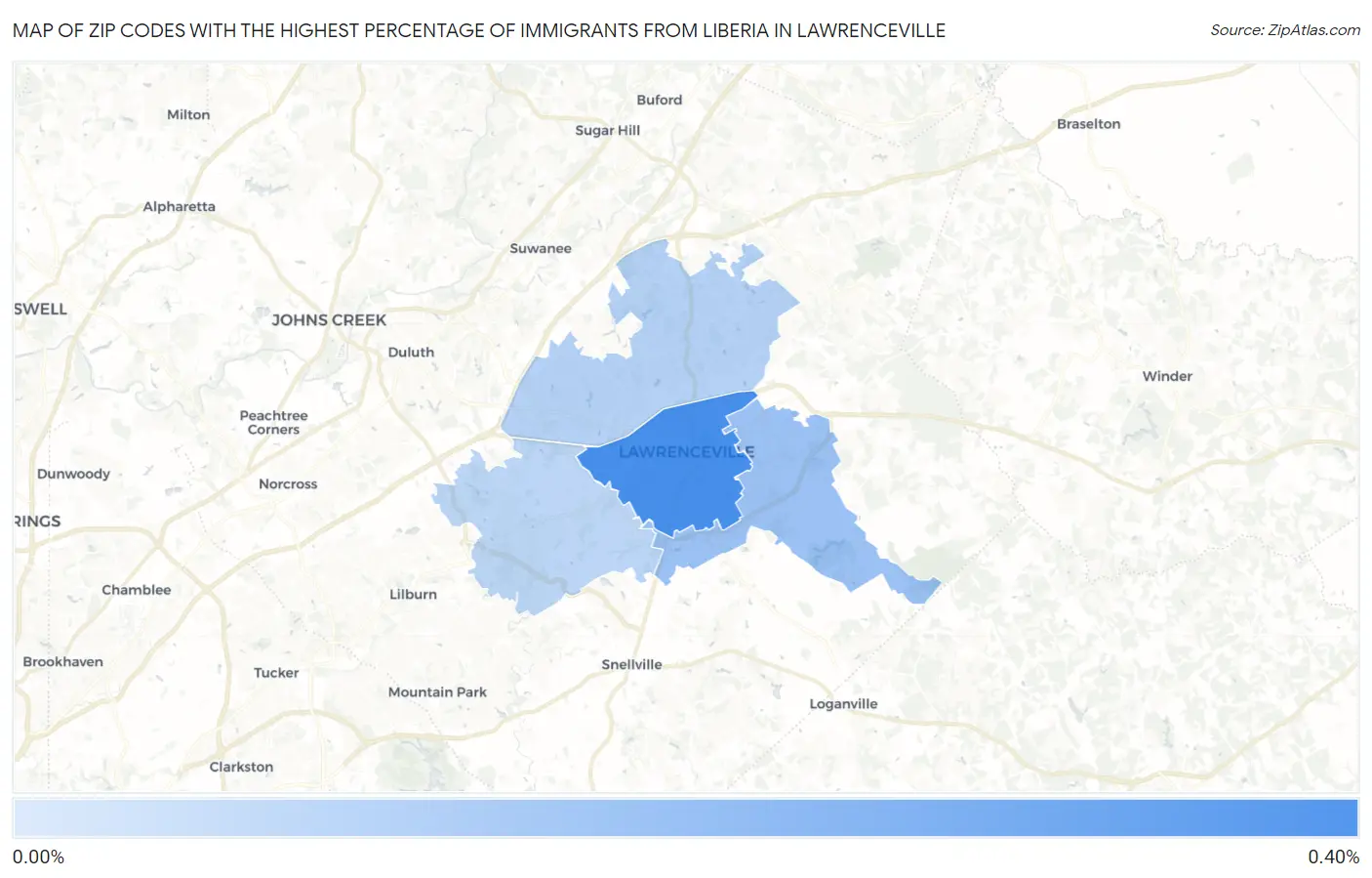 Zip Codes with the Highest Percentage of Immigrants from Liberia in Lawrenceville Map