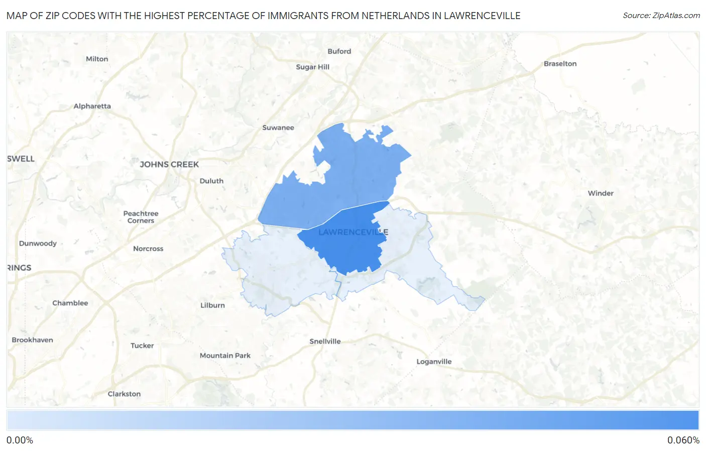 Zip Codes with the Highest Percentage of Immigrants from Netherlands in Lawrenceville Map