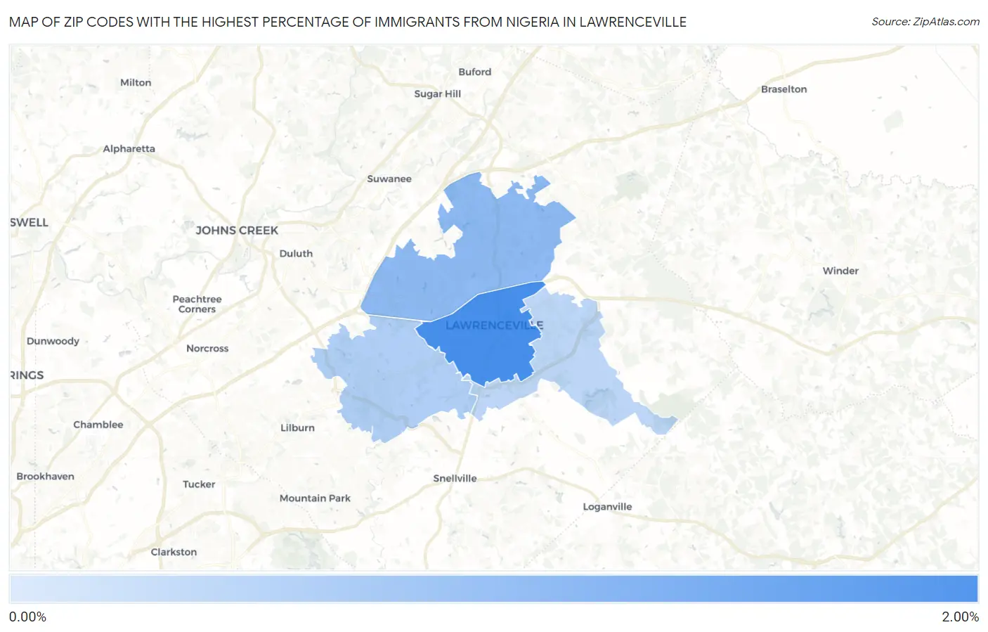 Zip Codes with the Highest Percentage of Immigrants from Nigeria in Lawrenceville Map