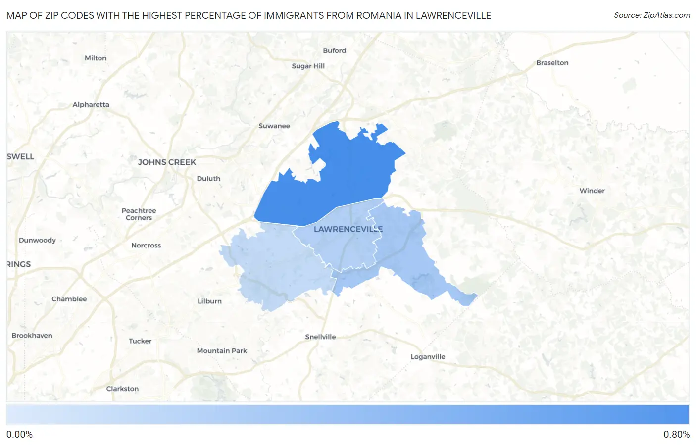 Zip Codes with the Highest Percentage of Immigrants from Romania in Lawrenceville Map