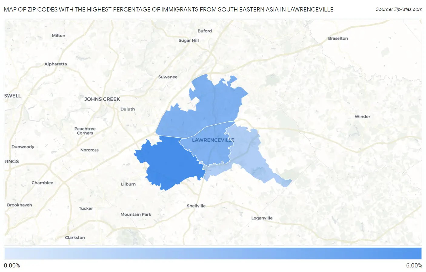 Zip Codes with the Highest Percentage of Immigrants from South Eastern Asia in Lawrenceville Map
