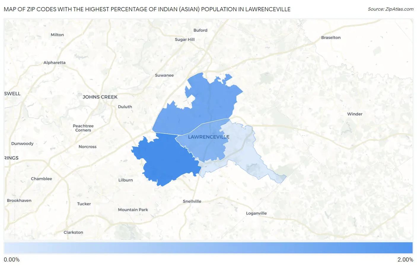 Zip Codes with the Highest Percentage of Indian (Asian) Population in Lawrenceville Map