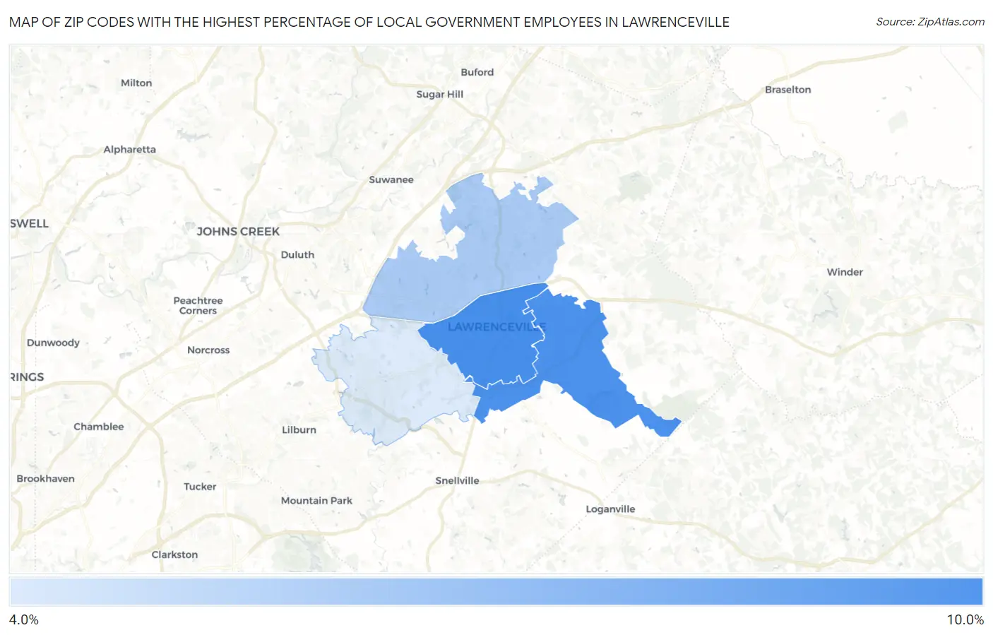 Zip Codes with the Highest Percentage of Local Government Employees in Lawrenceville Map