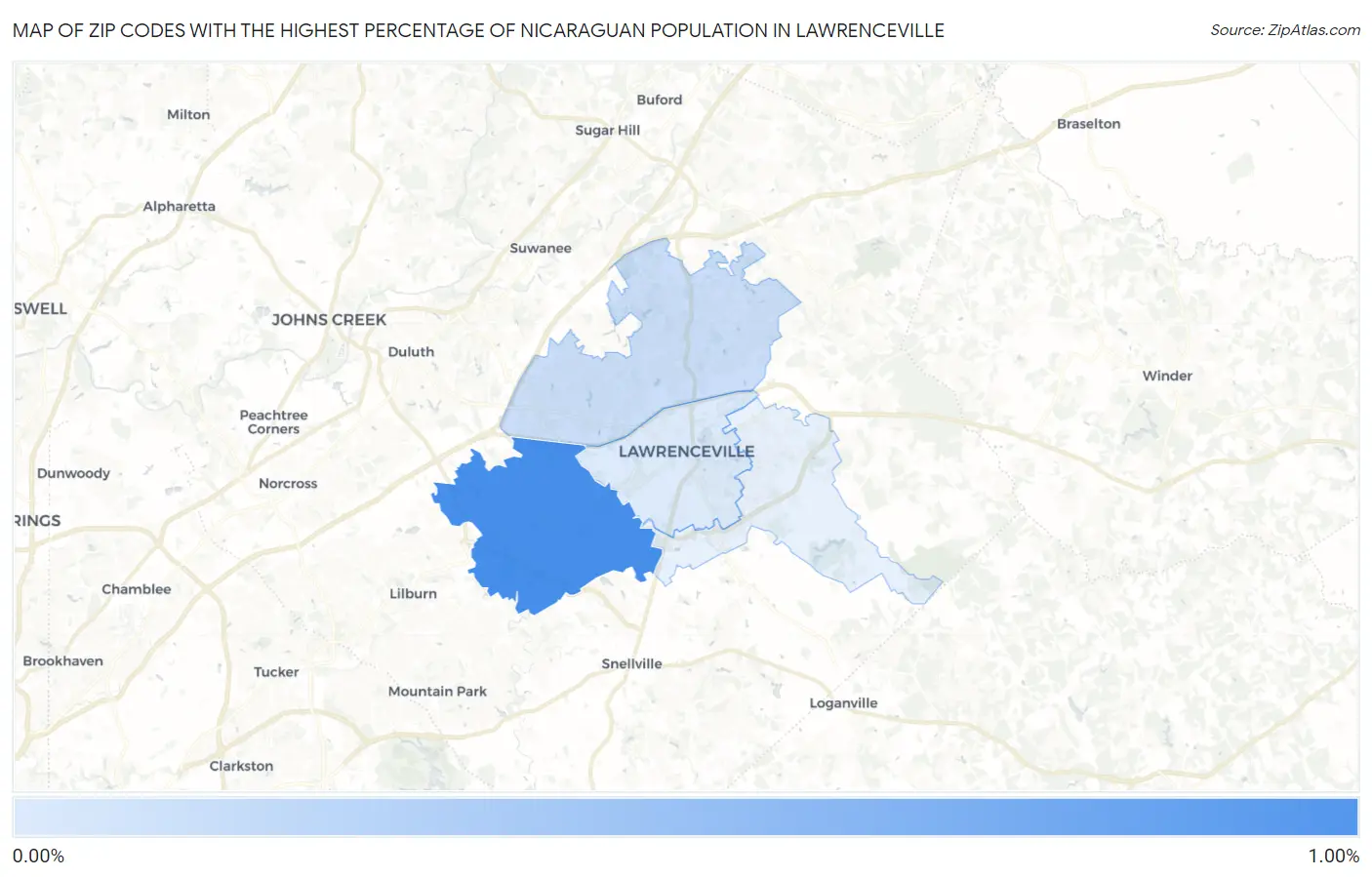 Zip Codes with the Highest Percentage of Nicaraguan Population in Lawrenceville Map
