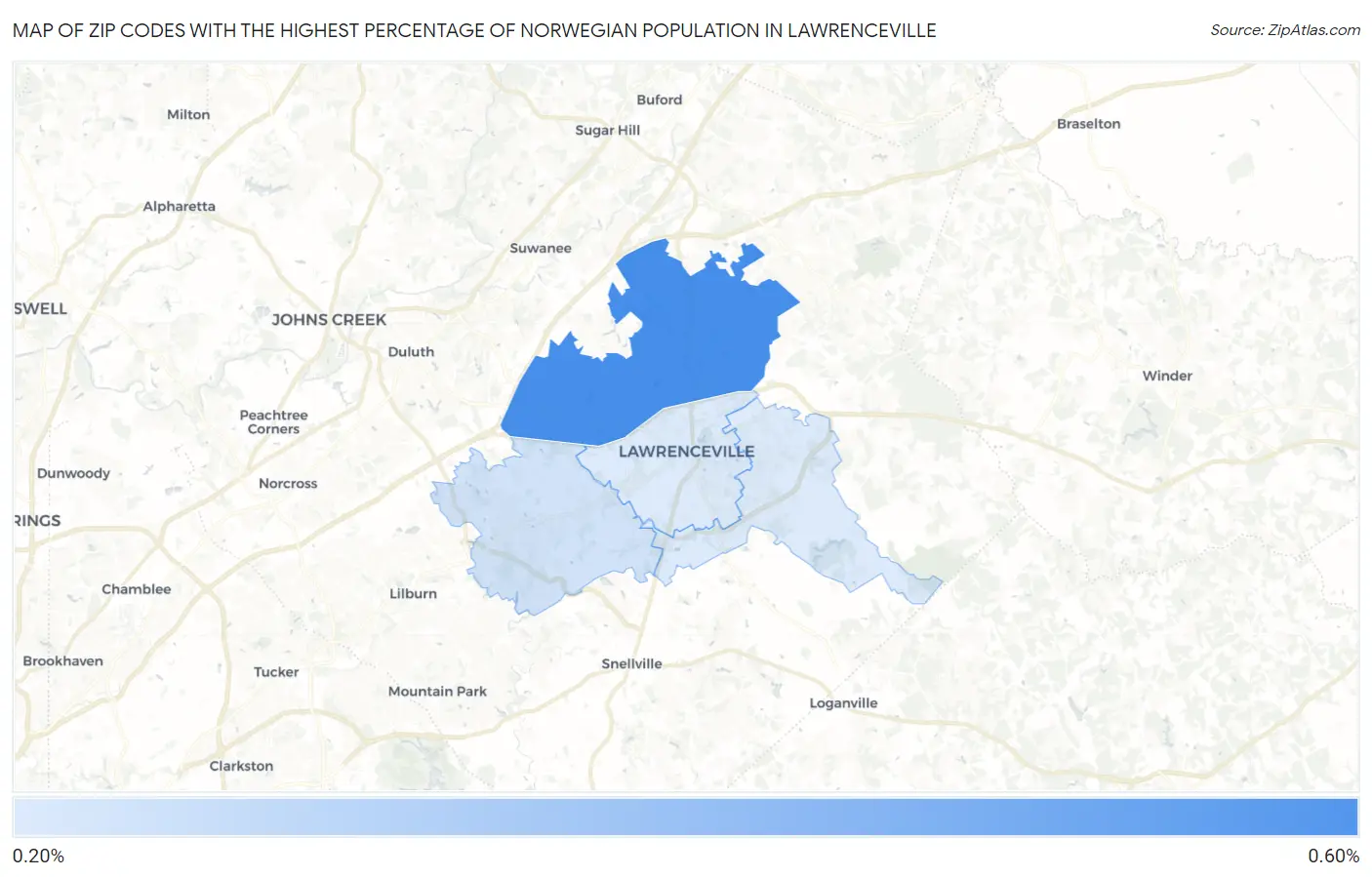 Zip Codes with the Highest Percentage of Norwegian Population in Lawrenceville Map