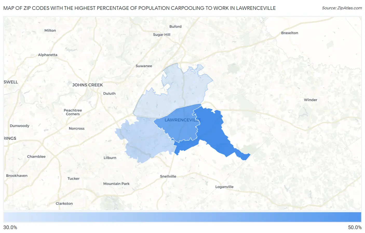 Zip Codes with the Highest Percentage of Population Carpooling to Work in Lawrenceville Map