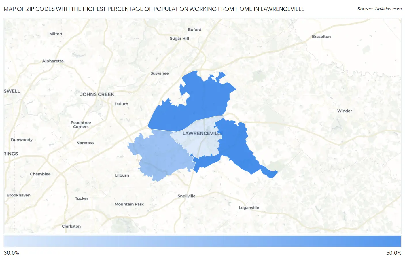 Zip Codes with the Highest Percentage of Population Working from Home in Lawrenceville Map