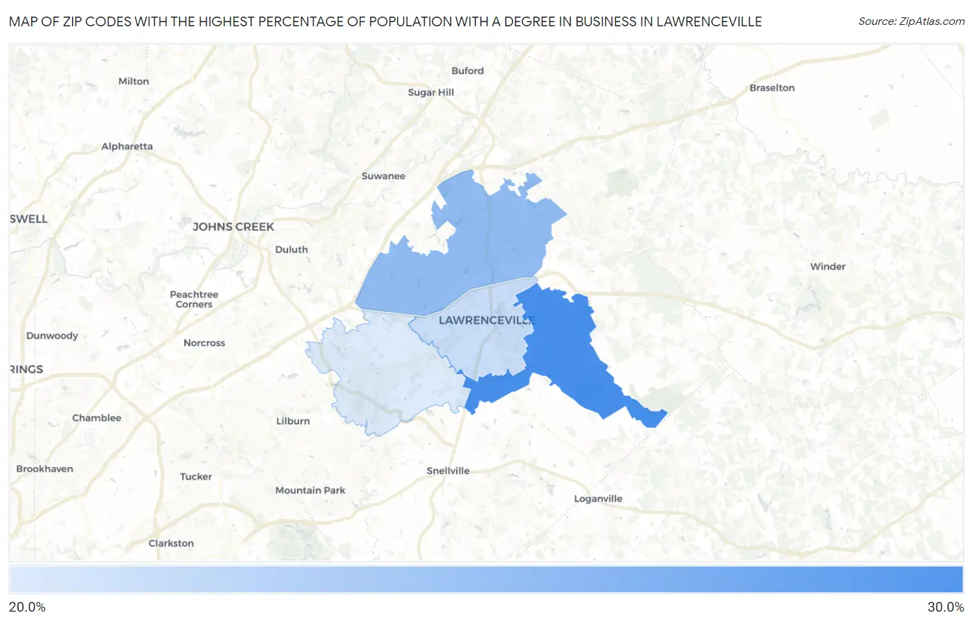 Zip Codes with the Highest Percentage of Population with a Degree in Business in Lawrenceville Map