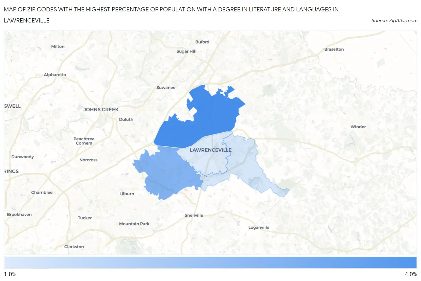Zip Codes with the Highest Percentage of Population with a Degree in Literature and Languages in Lawrenceville Map