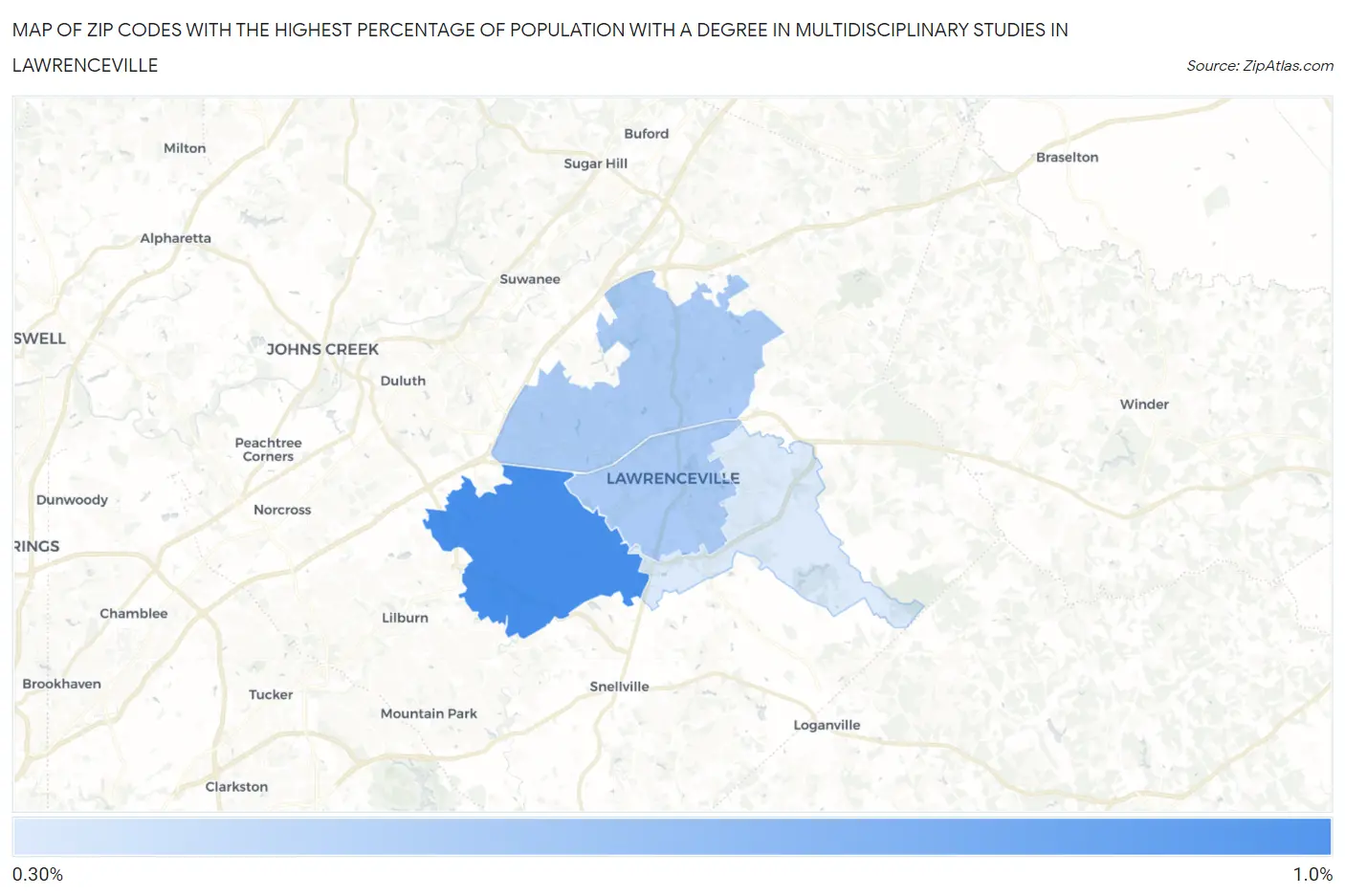 Zip Codes with the Highest Percentage of Population with a Degree in Multidisciplinary Studies in Lawrenceville Map
