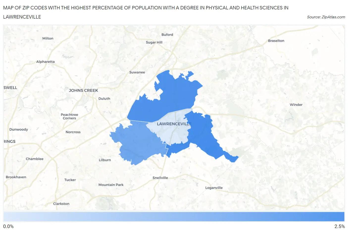 Zip Codes with the Highest Percentage of Population with a Degree in Physical and Health Sciences in Lawrenceville Map