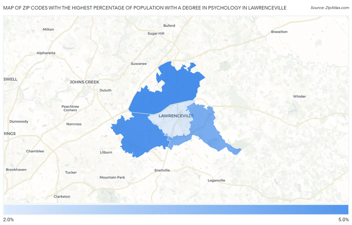 Zip Codes with the Highest Percentage of Population with a Degree in Psychology in Lawrenceville Map