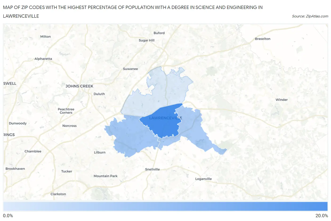 Zip Codes with the Highest Percentage of Population with a Degree in Science and Engineering in Lawrenceville Map