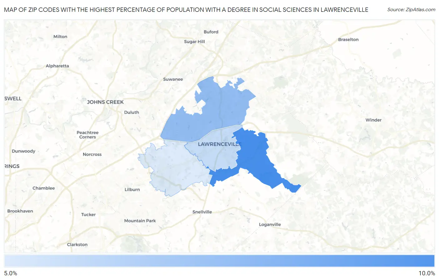 Zip Codes with the Highest Percentage of Population with a Degree in Social Sciences in Lawrenceville Map