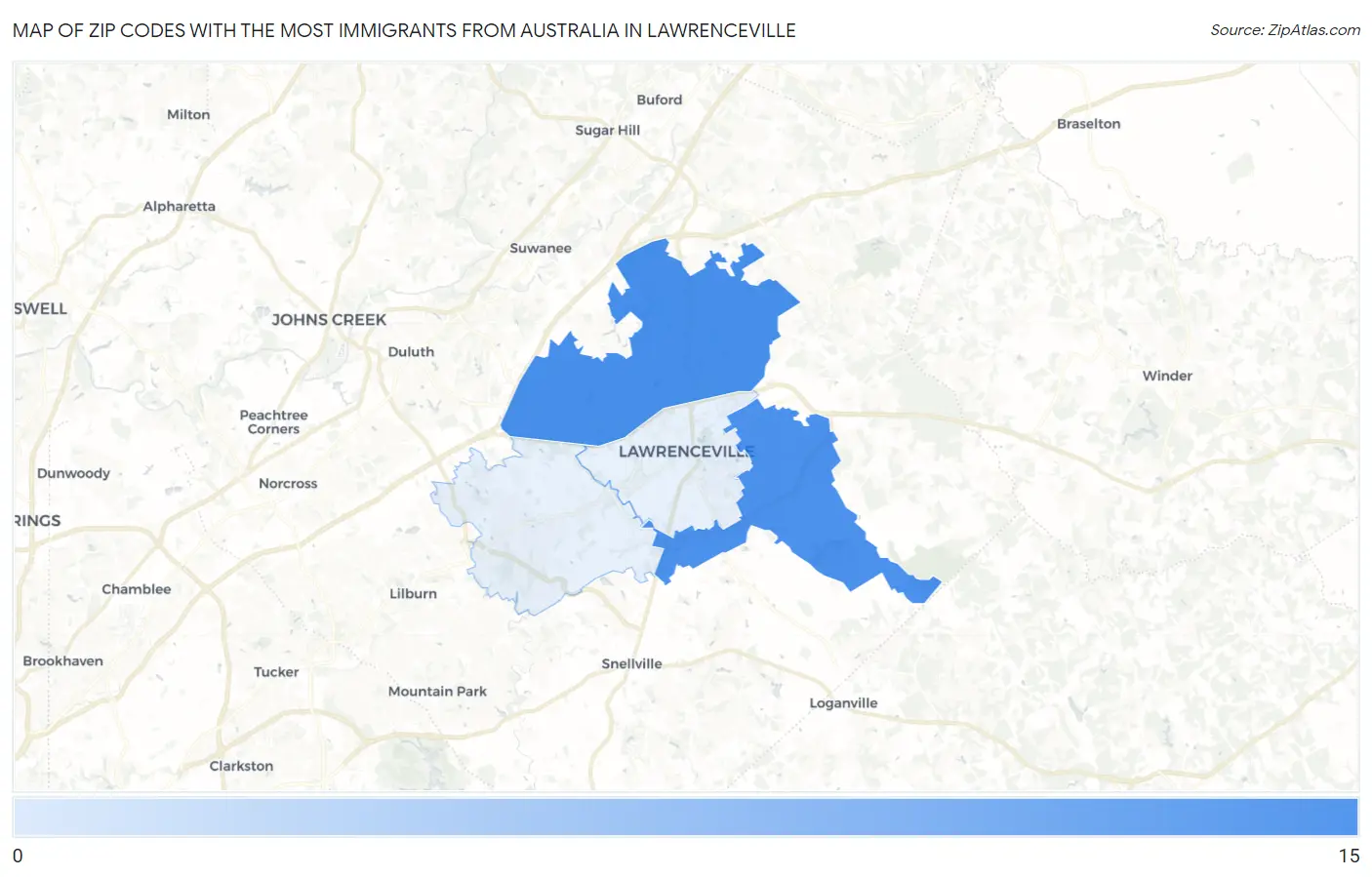 Zip Codes with the Most Immigrants from Australia in Lawrenceville Map