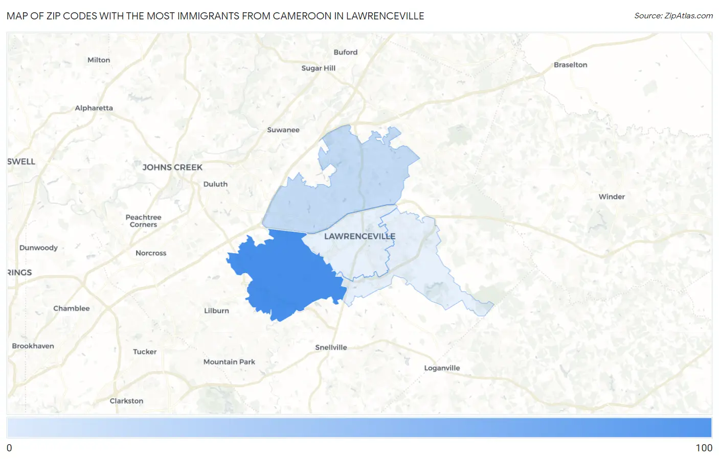 Zip Codes with the Most Immigrants from Cameroon in Lawrenceville Map
