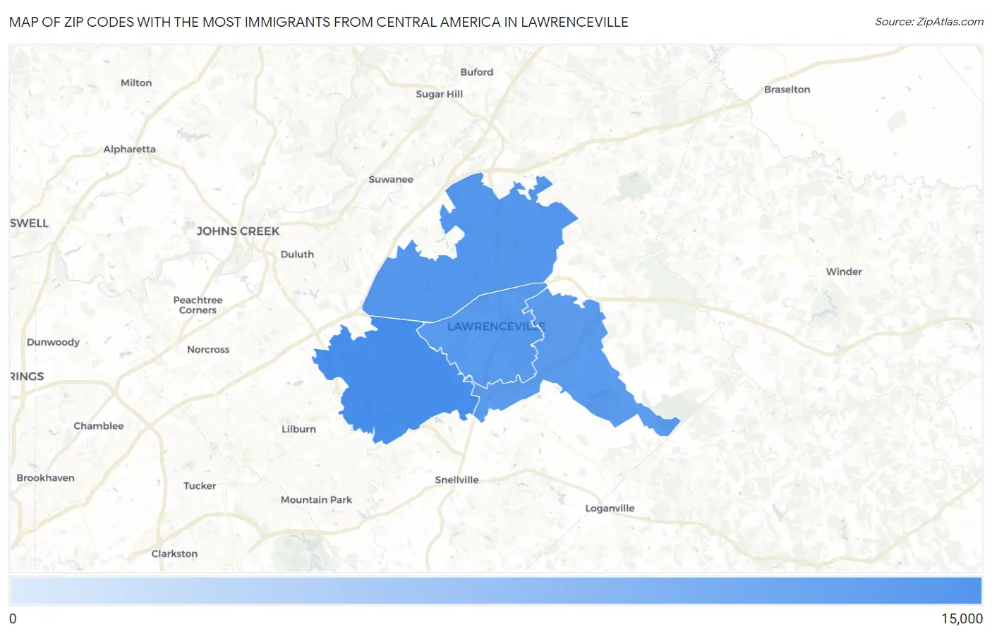 Zip Codes with the Most Immigrants from Central America in Lawrenceville Map