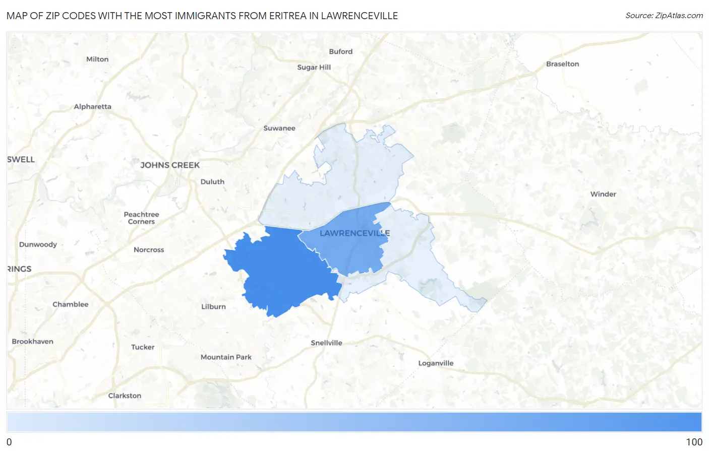 Zip Codes with the Most Immigrants from Eritrea in Lawrenceville Map