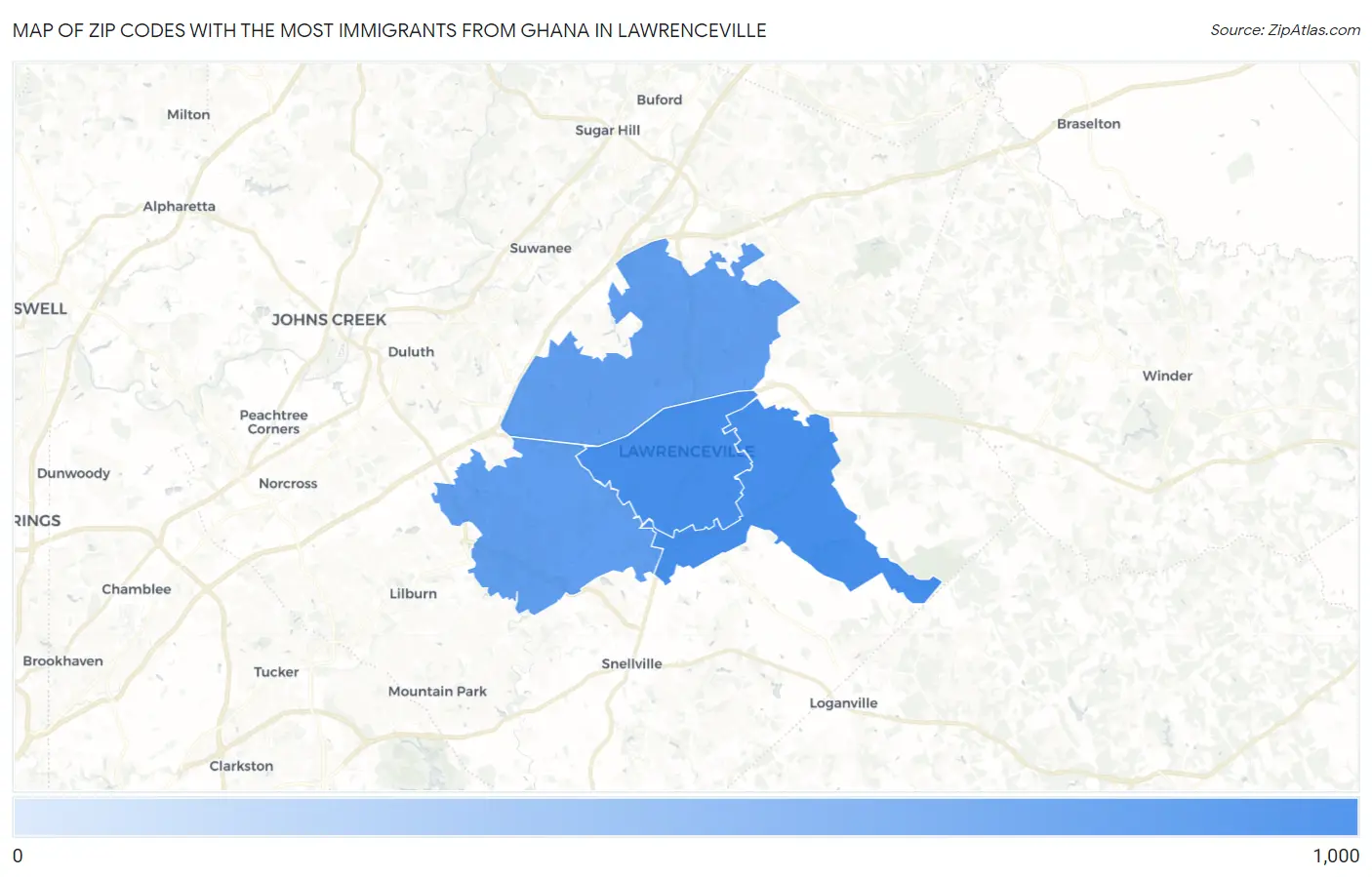 Zip Codes with the Most Immigrants from Ghana in Lawrenceville Map