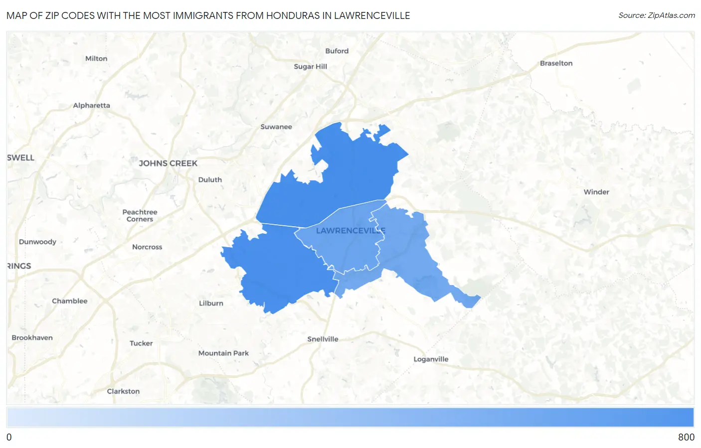 Zip Codes with the Most Immigrants from Honduras in Lawrenceville Map