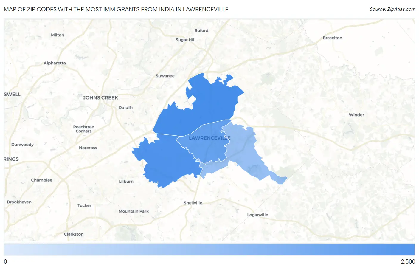 Zip Codes with the Most Immigrants from India in Lawrenceville Map
